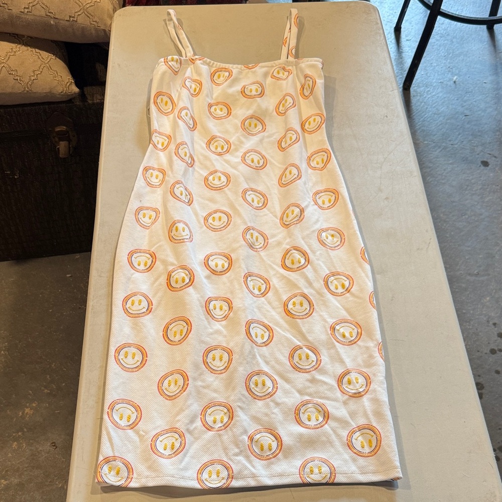 Playful Smiley Face Mini Dress in White and Orange